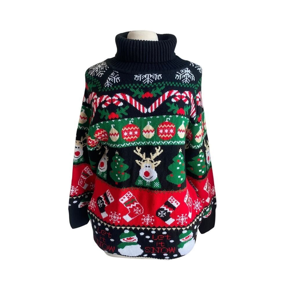 HOLIDAY Sweater Womens Sz Small Black Turtleneck Novelty Reindeer Ornament